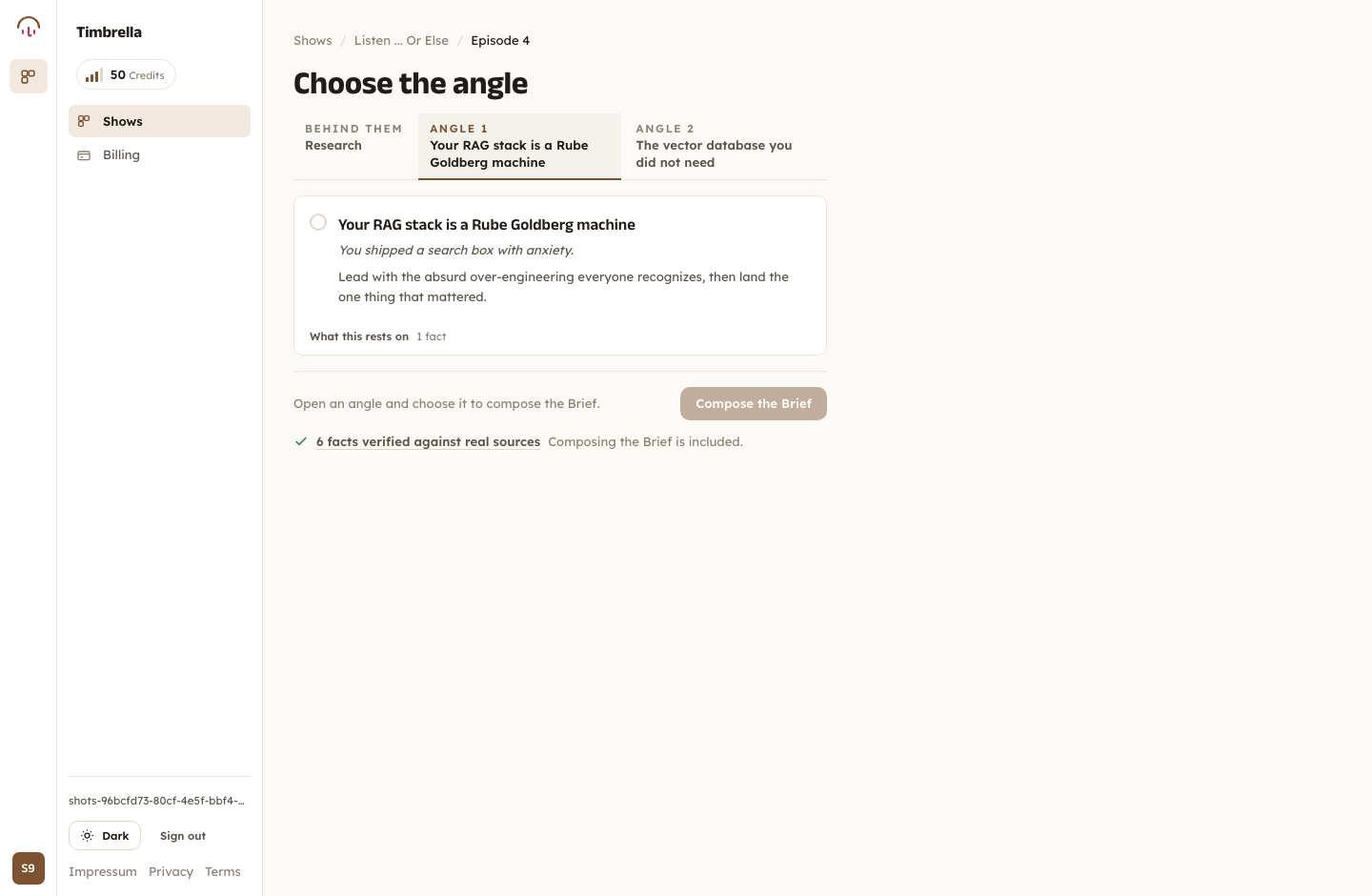 The Angle Menu in Timbrella: two researched angles and the demand read behind them