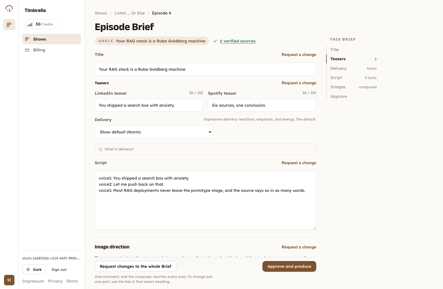 The Episode Brief in Timbrella: title, teasers, script and verified sources, waiting for approval